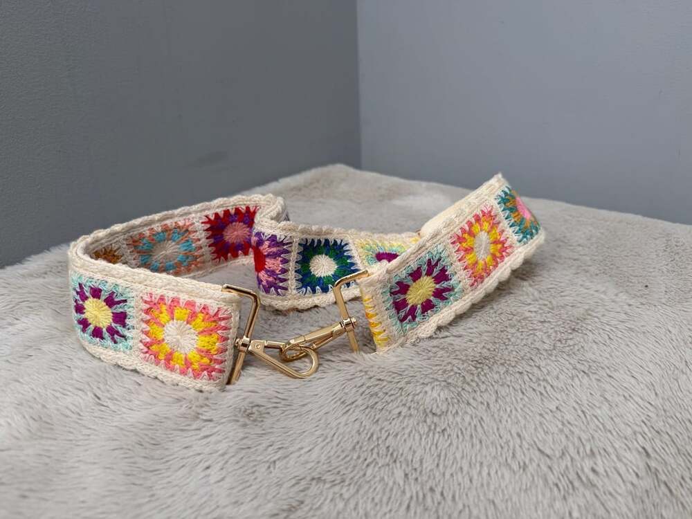 Vintage boho Crochet Flower Purse Strap 2 Inch Wide Cream Colorful